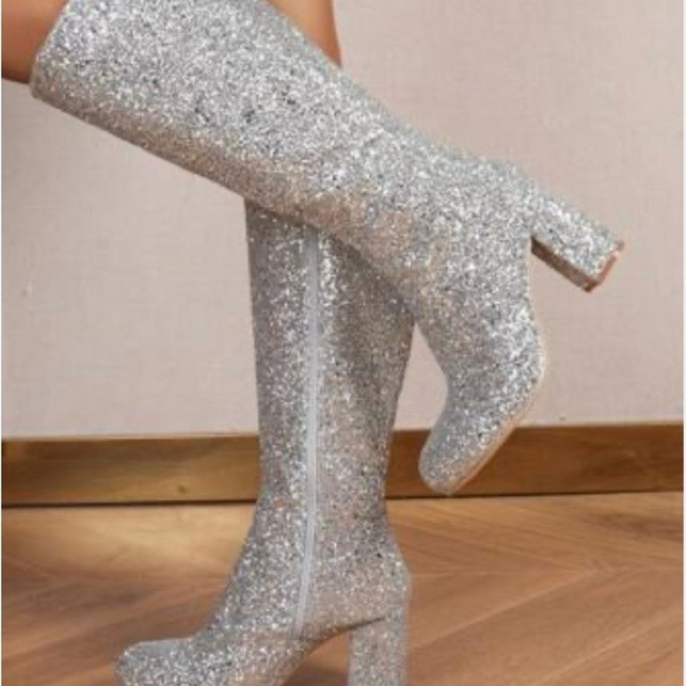 Silver Glitter Knee-High Heeled Boots